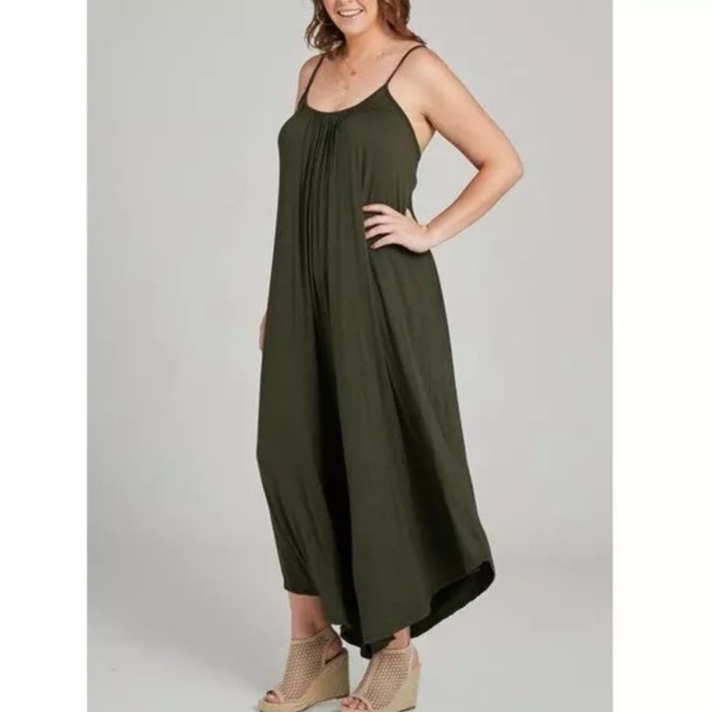 True Rock Deep Olive Green Asymmetrical Wide Leg Jumpsuit - Size Large